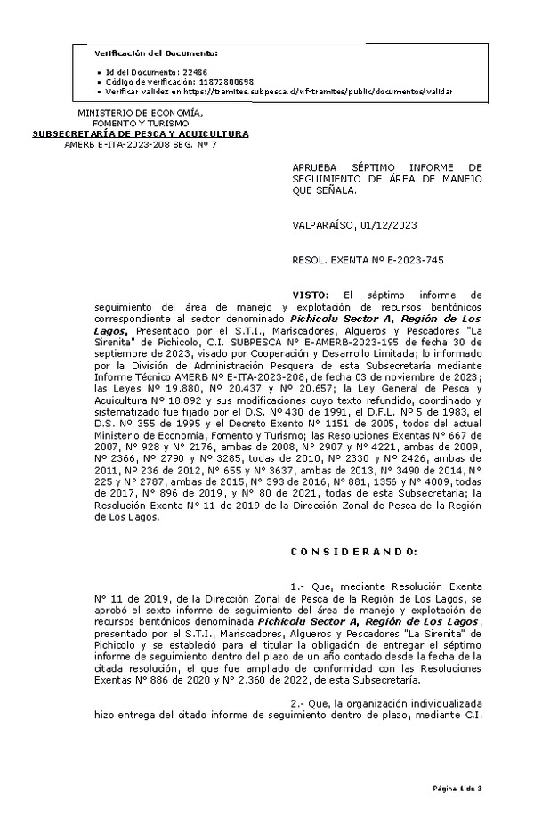 RESOL. EXENTA Nº E-2023-745 Aprueba 7° seguimiento. (Publicado en Página Web 05-12-2023)