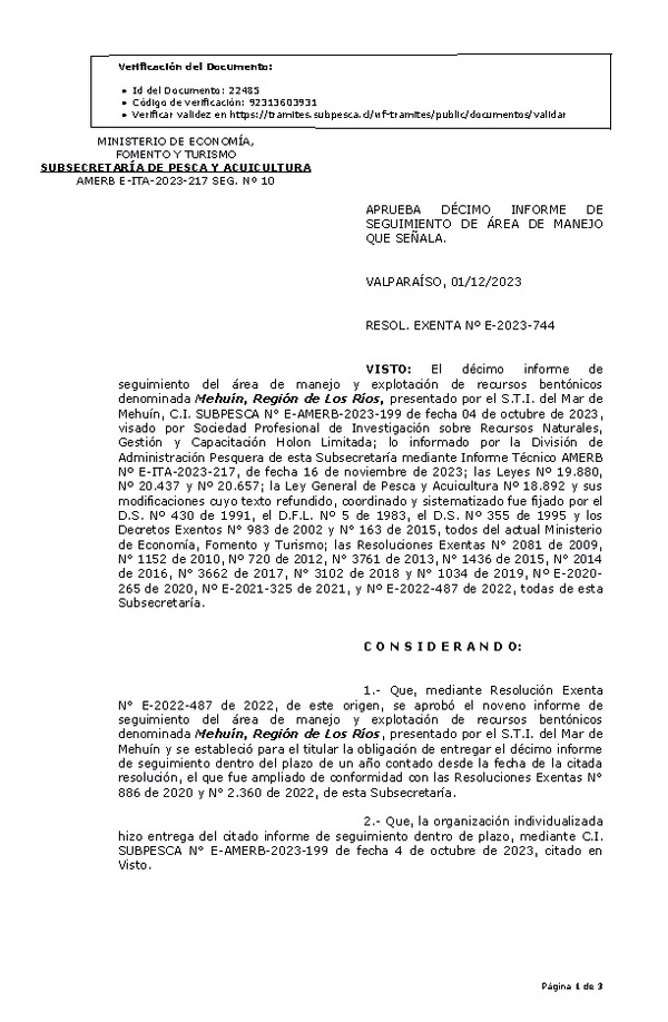 RESOL. EXENTA Nº E-2023-744 Aprueba 10° seguimiento. (Publicado en Página Web 05-12-2023)