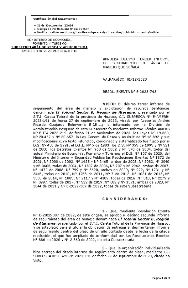 RESOL. EXENTA Nº E-2023-743 Aprueba 13° seguimiento. (Publicado en Página Web 05-12-2023)