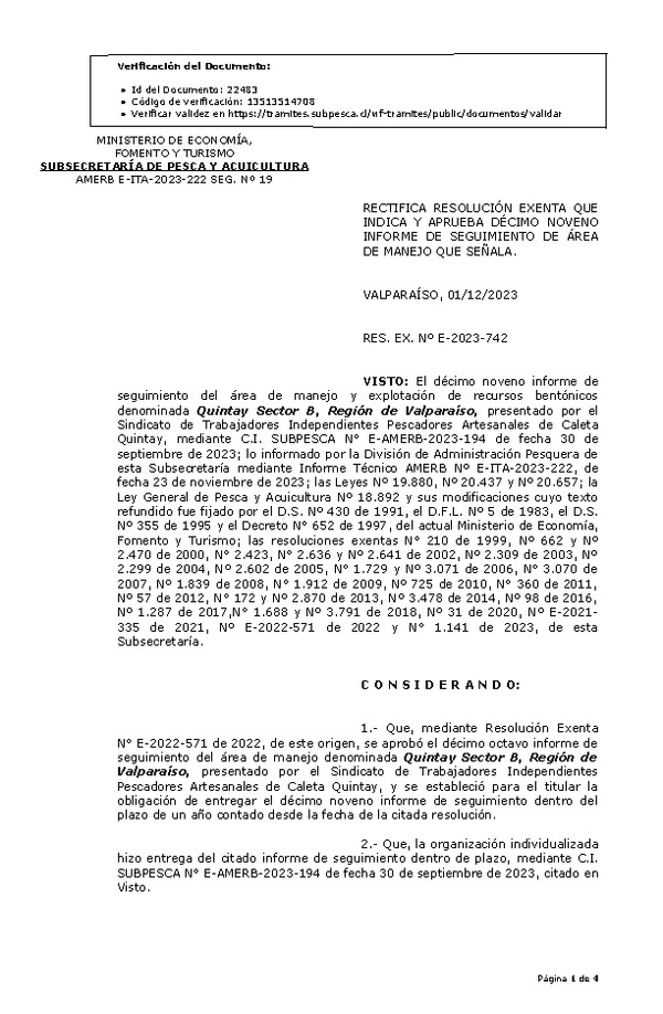 RESOL. EXENTA Nº E-2023-742 Modifica resolución que indica, Aprueba 19° seguimiento. (Publicado en Página Web 05-12-2023)