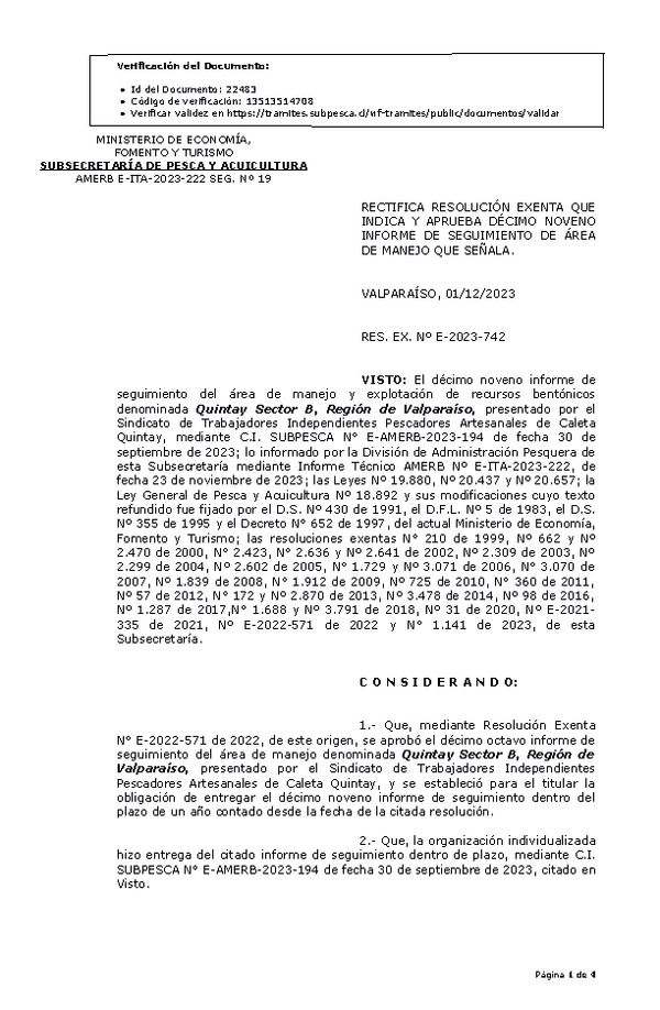 RESOL. EXENTA Nº E-2023-742 Modifica resolución que indica, Aprueba 19° seguimiento. (Publicado en Página Web 05-12-2023)