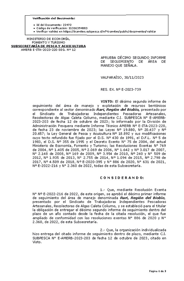 RESOL. EXENTA Nº E-2023-739 Aprueba 12° seguimiento. (Publicado en Página Web 05-12-2023)