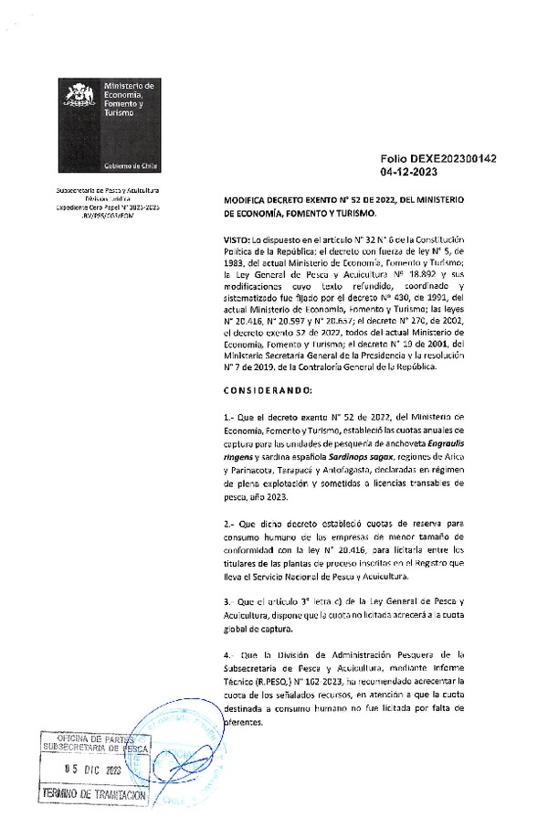 Dec. Ex. Folio 202300142 Modifica Dec. Ex. N° 52-2022 Establece Cuota de Captura de Unidades de Pesquería de Anchoveta y Sardina Española Zona Norte Sometidas a Licencias Transables de Pesca, Año 2023. (Publicado en Página Web 06-12-2023)