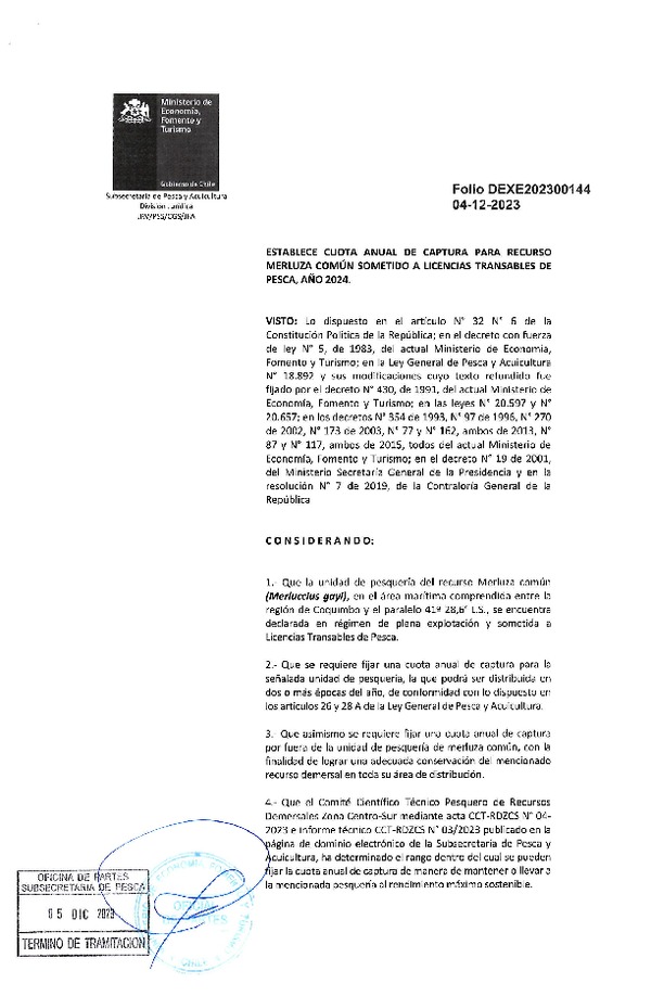 Dec. Ex. Folio N° 202300144 Establece Cuota Anual de Captura de Para Recurso Merluza Común Sometido a Licencias Transables de Pesca, Año 2024. (Publicado en Página Web 06-12-2013)