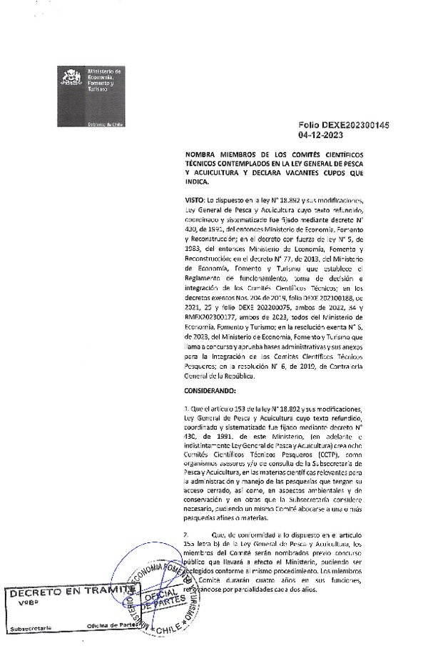 Dec. Ex. Folio N° 202300145 Nombra Miembros de Los Comités Científicos Técnicos Contemplados en la Ley General de Pesca y Acuicultura y Declara Desiertos Cupos que Indica. (Publicado en Página Web 07-12-2023)