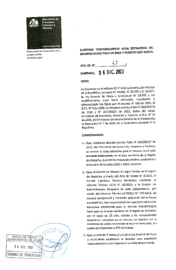 Dec. Ex. N° 47-2023 Suspende Temporalmente Veda Extractiva del Recurso Huiro Palo, en Área y Período que Indica. (Publicado en Página Web 07-12-2023)