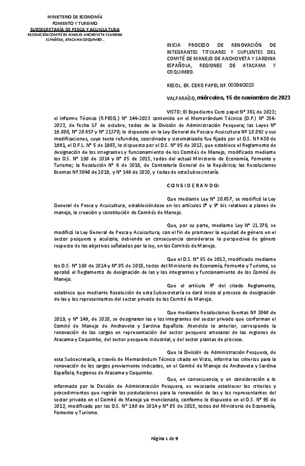 Res. Ex. N° 00394-2023 Inicia Proceso de Renovación de Integrantes Titulares y Suplentes del Comité de Manejo de Anchoveta y Sardina Española, Regiones de Atacama y Coquimbo. (Publicado en Página Web 11-12-2023)