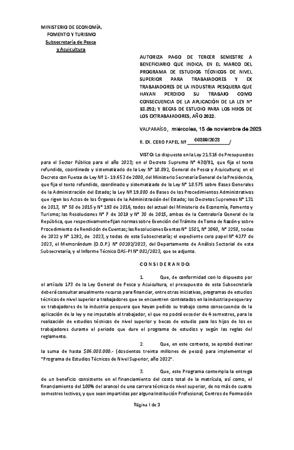 Res. Ex. CERO PAPEL N° 00399-2023 Autoriza pago de tercer semestre a beneficiario que indica, en el marco del programa que señala. (Publicado en Página Web 15-11-2023)