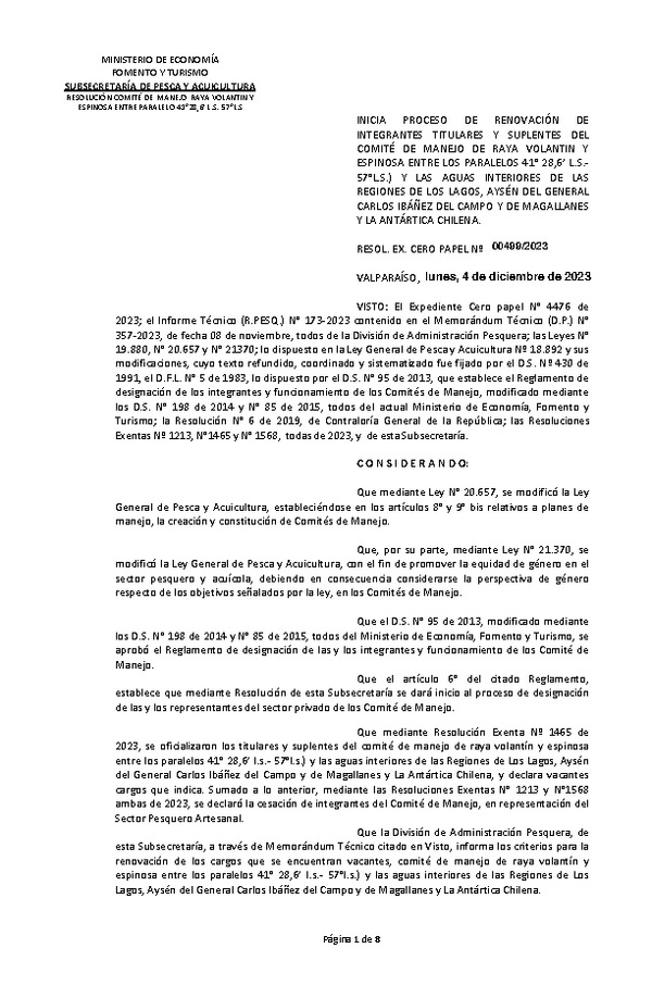 Res. Ex. CERO PAPEL N° 00499-2023 Inicia Proceso de Renovación de Integrantes Titulares y Suplentes del Comité de Manejo de Raya Volantín y Raya Espinosa Paralelos 41°28,6 L.S. - 57° L.S. y en la Aguas Interiores de Lagos, Aysén y de Magallanes. (Publicado en Página Web 12-12-2023)