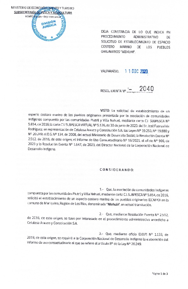 Res. Ex. N° 2040-2023 Deja constancia de lo que indica en procedimiento administrativo de solicitud de establecimiento de ECMPO Mehuin. (Publicado en Página Web 12-12-2023)