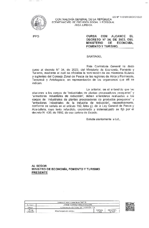 D.S. 34-2023 Oficializa Nominación de Miembros Titulares y Suplentes del Consejo Zonal de Pesca de las Regiones de Arica y Parinacota, Tarapacá y Antofagasta. (Publicado en Página Web 14-12-2023)