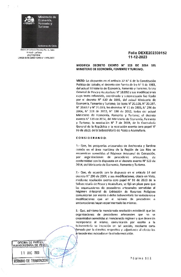 Dec. Ex. Folio 202300152 Modifica Dec. Ex. 123-2014 Que Dejó sin efecto Dec Ex. N° 1966-2009. que Estableció Régimen Artesanal de Extracción por Organización, Anchoveta y Sardina, Región de Los Ríos. (Publicado en Diario Oficial 14-12-2023)