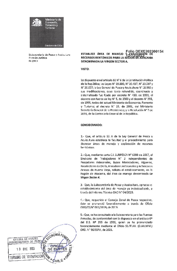 Dec. Ex. Folio 202300154 Establece Área de manejo y Explotación de Recursos Bentónicos para la Región de Atacama Denominada la Virgen Sector A. (Publicado en Página Web 14-12-2023)