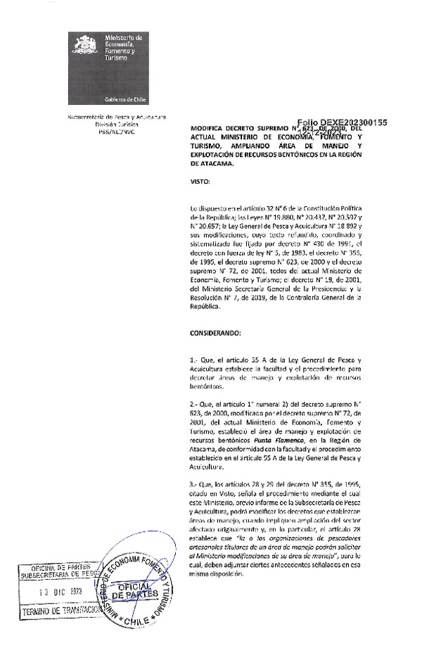 Dec. Ex. Folio 202300155 Modifica D.S. N° 623-2000, ampliando Área de manejo y Explotación de Recursos Bentónicos en la Región de Atacama. (Publicado en Página Web 14-12-2023)