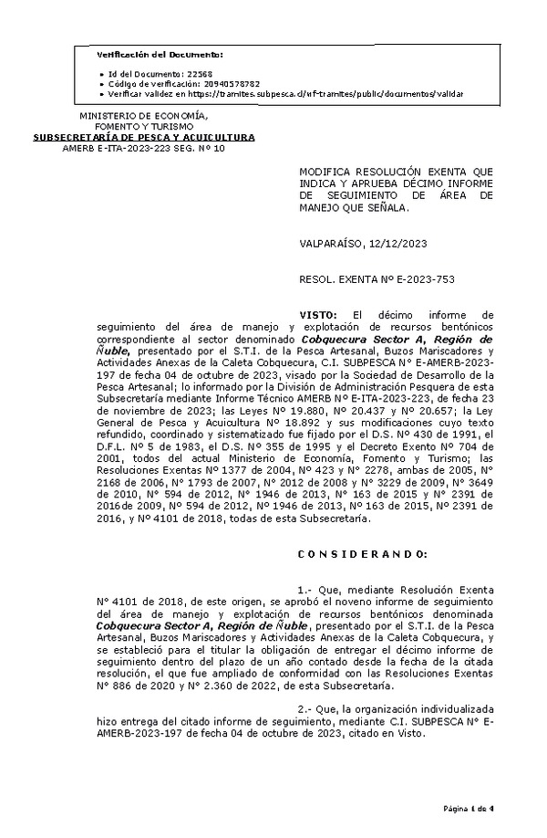 RESOL. EXENTA Nº E-2023-753 Modifica resolución que indica, Aprueba 10° seguimiento. (Publicado en Página Web 15-12-2023)