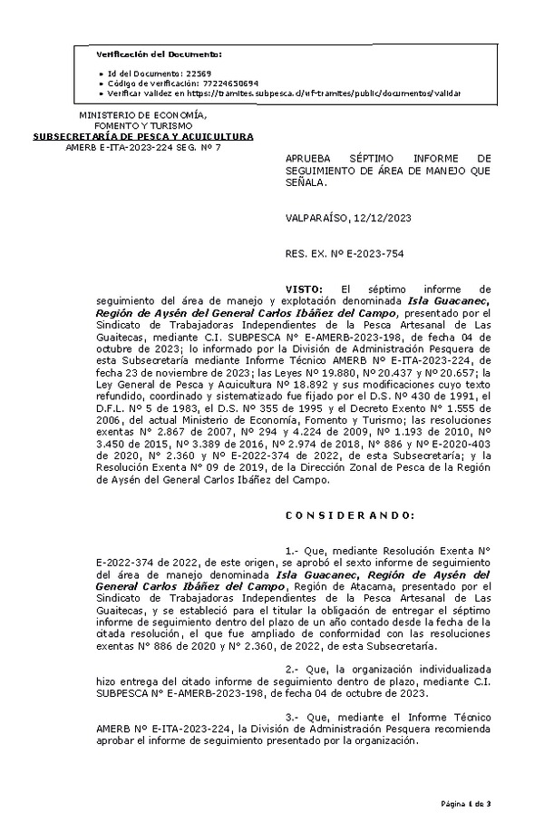 RESOL. EXENTA Nº E-2023-754 Aprueba 7° seguimiento. (Publicado en Página Web 15-12-2023)