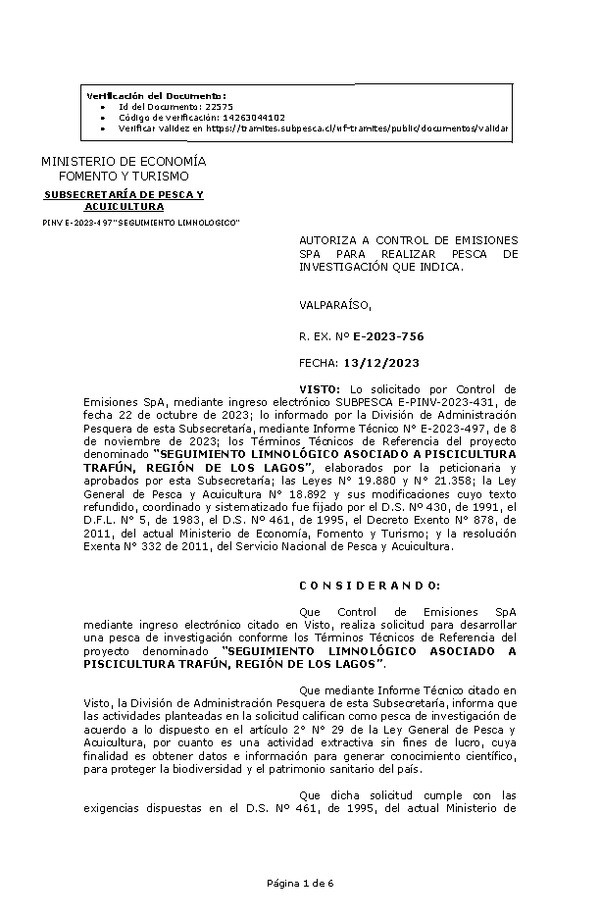 R. EX. Nº E-2023-756 AUTORIZA A CONTROL DE EMISIONES SPA PARA REALIZAR PESCA DE INVESTIGACIÓN QUE INDICA. (Publicado en Página Web 15-12-2023)