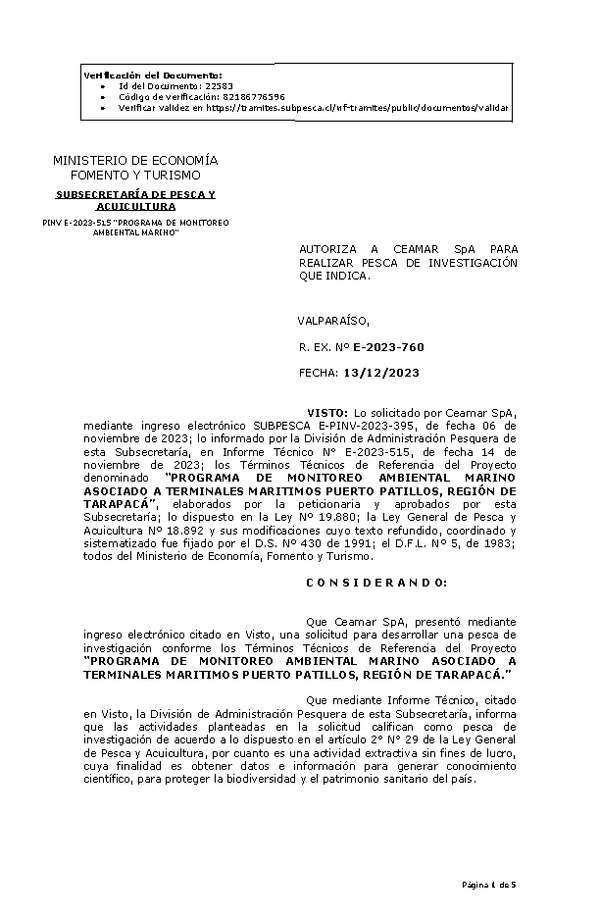 R. EX. Nº E-2023-760 AUTORIZA A CEAMAR SpA PARA REALIZAR PESCA DE INVESTIGACIÓN QUE INDICA. (Publicado en Página Web 15-12-2023)