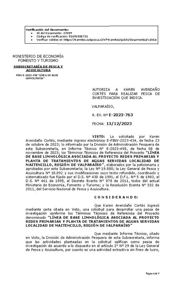 R. EX. Nº E-2023-763 AUTORIZA A KAREN AVENDAÑO CORTÉS PARA REALIZAR PESCA DE INVESTIGACIÓN QUE INDICA. (Publicado en Página Web 15-12-2023)