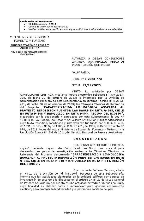 R. EX. Nº E-2023-773 AUTORIZA A GESAM CONSULTORES LIMITADA PARA REALIZAR PESCA DE INVESTIGACIÓN QUE INDICA. (Publicado en Página Web 18-12-2023)