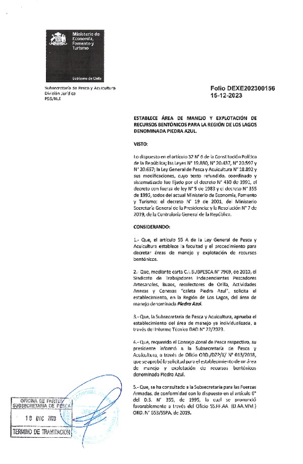 Dec. Ex. Folio 202300156 Establece Área de manejo y Explotación de Recursos Bentónicos para la Región de Los Lagos Denominada Piedra Azul. (Publicado en Página Web 18-12-2023)