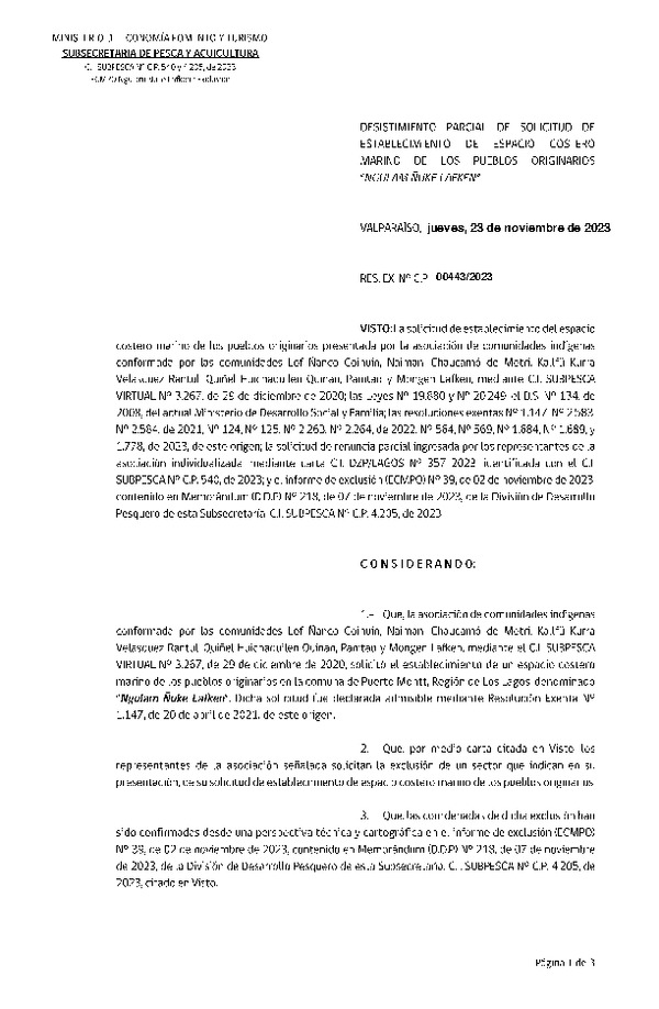 Res. Ex. N° 00443-2023 Desistimiento parcial de solicitud de establecimiento de ECMPO Ngulam Ñuke Lafken. (Publicado en Página Web 19-12-2023)