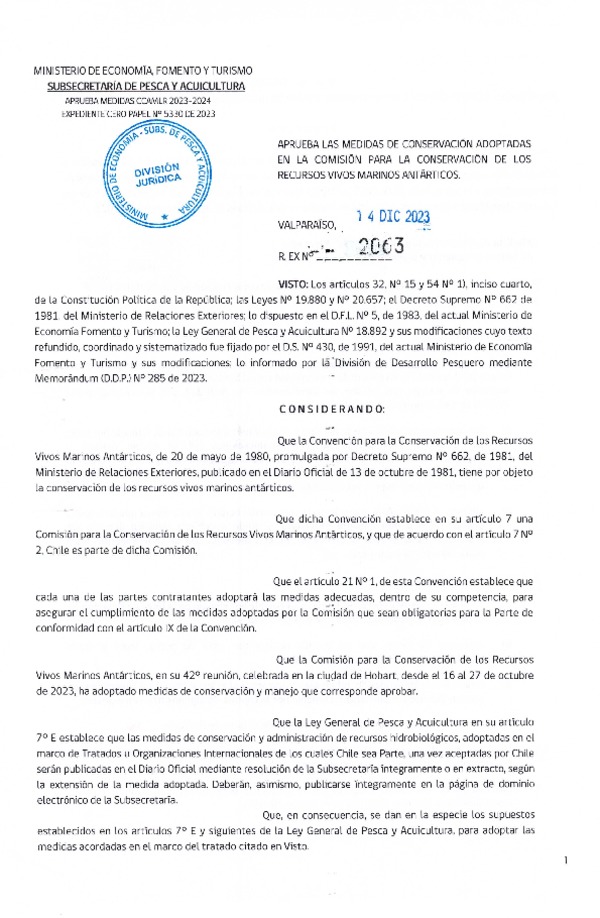 Res. Ex. N° 2063-2023 Aprueba las Medidas de Conservación Adoptadas en la Comisión Para la Conservación de los Recursos Vivos Marinos Antárticos. (Publicado en Página Web 19-12-2023)