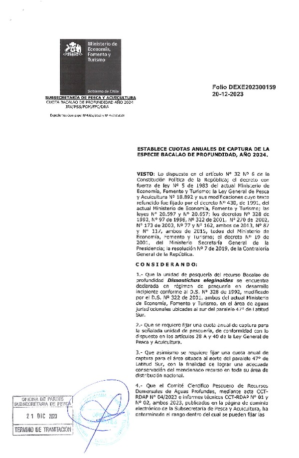 Dec. Ex. Folio N° 202300159 Establece Cuotas Anuales de Captura de la Especie Bacalao de Profundidad, Año 2024. (Publicado en Página Web 22-12-2023)