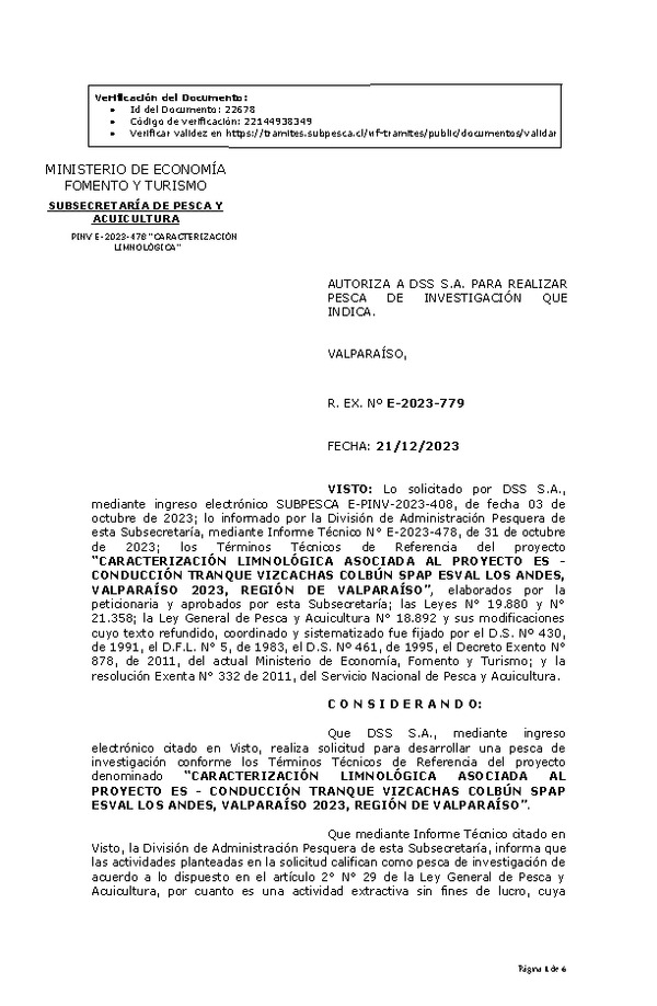 R. EX. Nº E-2023-779 AUTORIZA A DSS S.A. PARA REALIZAR PESCA DE INVESTIGACIÓN QUE INDICA. (Publicado en Página Web 22-12-2023)