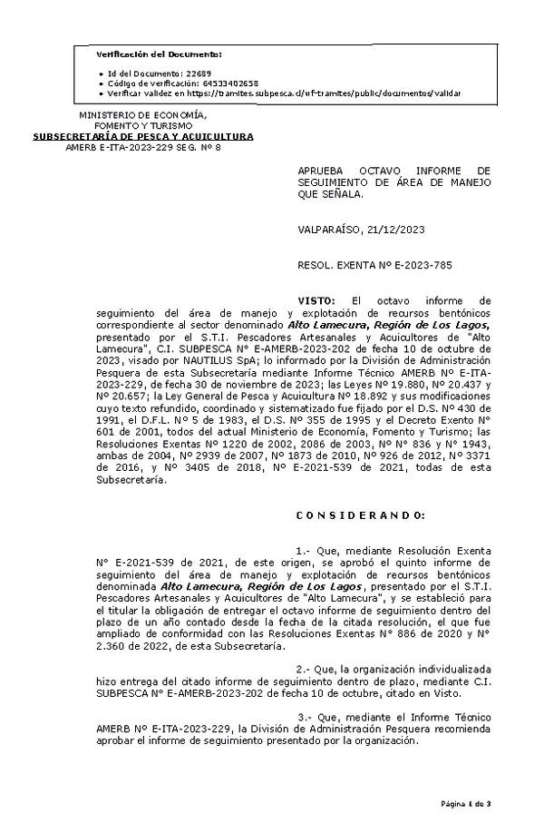 RESOL. EXENTA Nº E-2023-785 Aprueba 8° seguimiento. (Publicado en Página Web 22-12-2023)