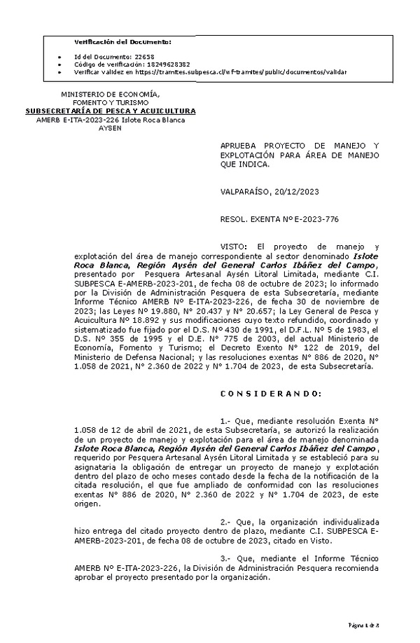 RESOL. EXENTA Nº E-2023-776 Aprueba Plan de manejo. (Publicado en Página Web 22-12-2023)