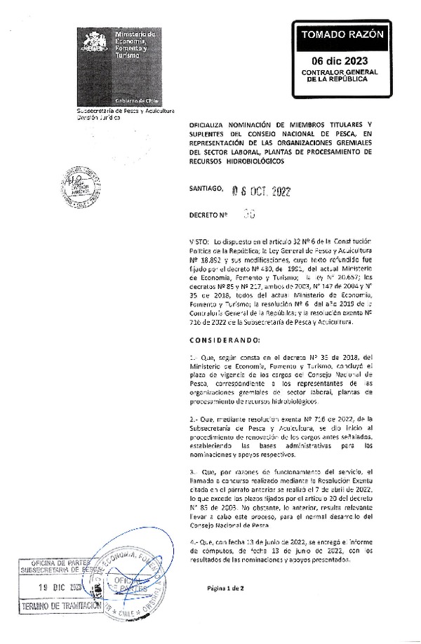 D.S. 90-2022 Oficializa Nominación de Miembro Titulares y Suplentes del Consejo Nacional de Pesca, en Representación de las Organizaciones Gremiales del Sector Laboral, Plantas de Procesamiento de Recursos Hidrobiológicos. (Publicado en Página Web 27-12-2023)