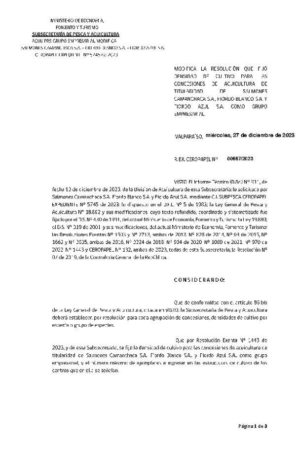 Res. Ex. CERO PAPEL N° 00667-2023 Modfica Res. Ex. CERO PAPEL N° 00580-2023 Autoriza cesión merluza del sur, Región de Aysén del General Carlos Ibañez del Campo. (Publicado en Página Web 28-12-2023)