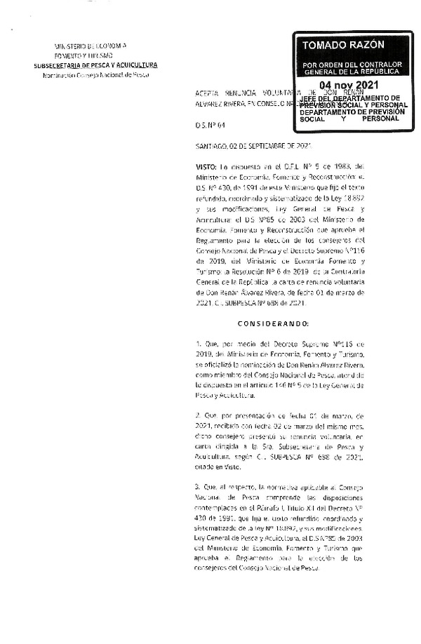 D.S. N° 64-2021 Acepta Renuncia Voluntaria de don Renán Álvarez Rivera al cargo de Consejero del Consejo Nacional de Pesca. (Publicado en Página Web 28-12-2023) (F.D.O. 28-12-2023)