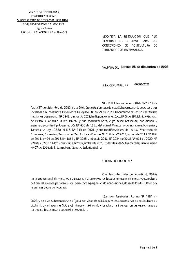 Res. Ex. CERO PAPEL N° 00683-2023 Modifica Res. Ex. N° 1455-2023 Fija densidad de cultivo para las concesiones de acuicultura de Invermar S.A. (Publicado en Página Web 28-12-2023)