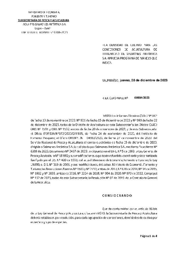 Res. Ex. CERO PAPEL N° 00684-2023 Fija densidad de cultivo para las concesiones de acuicultura de Salmones Antártica S.A. (Con Informe Técnico) (Publicado en Página Web 28-12-2023)