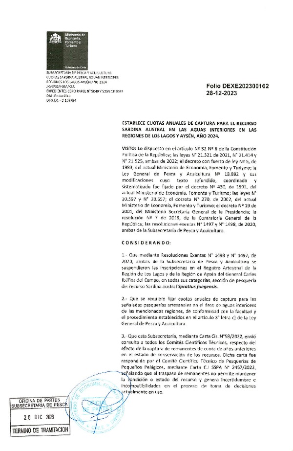 Dec. Ex. Folio 202300162 Establece Cuotas Anuales de Captura para el Recurso Sardina Austral en las Aguas Interiores en las Regiones de Los Lagos y Aysén, Año 2024. (Publicado en Página Web 29-12-2023)