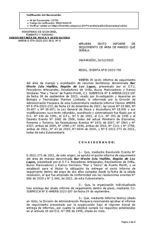 RESOL. EXENTA Nº E-2023-793 Aprueba 6° Seguimiento. (Publicado en Página Web 29-12-2023)