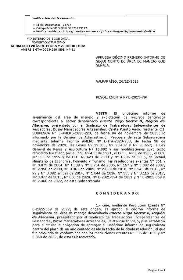 RESOL. EXENTA Nº E-2023-794 Aprueba 11° Seguimiento. (Publicado en Página Web 29-12-2023)