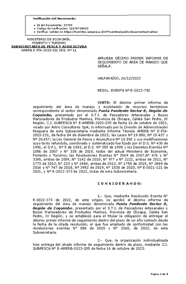 RESOL. EXENTA Nº E-2023-792 Aprueba 11° Seguimiento. (Publicado en Página Web 29-12-2023)