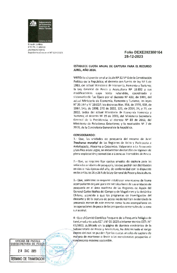 Dec. Ex. Folio 202300164 Establece Cuota Anual de Captura Para el Recurso Jurel, Año 2024. (Publicado en Página Web 29-12-2023)