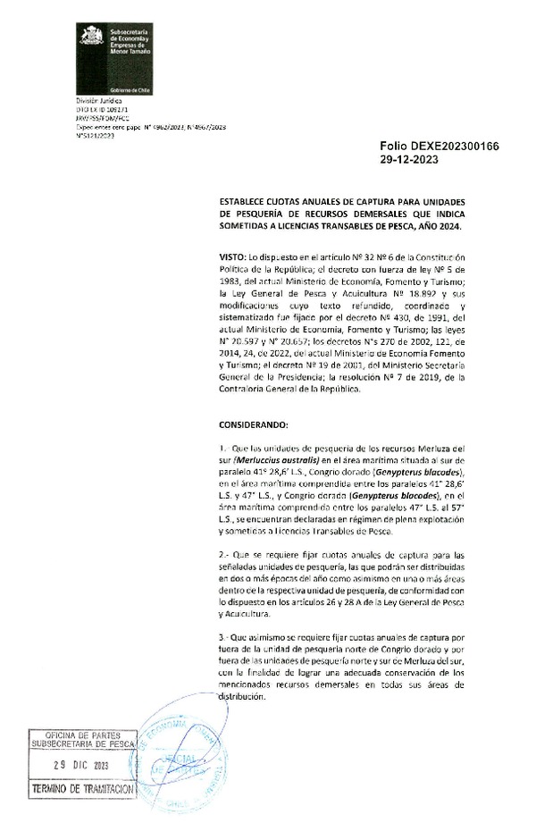 Dec. Ex. Folio 202300166 Establece Cuotas Anuales de Captura para Unidades de Pesquería de Recursos Demersales que Indica Sometidas a Licencias Transables de Pesca, Año 2024. (Publicado en Página Web 02-01-2024)