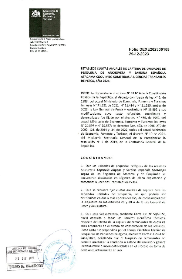 Dec. Ex. Folio 202300168 Establece Cuota de Captura de Unidades de Pesquería de Anchoveta y Sardina Española Atacama-Coquimbo Sometidas a Licencias Transables de Pesca, Año 2024. (Publicado en Página Web 02-01-2024)