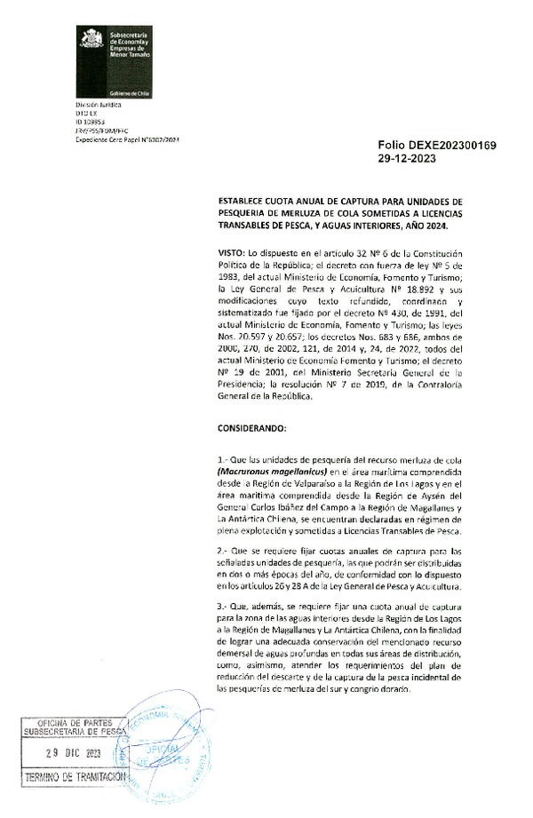 Dec. Ex. Folio 202300169 Establece Cuota Anual de Captura para unidades de Pesquerías de Merluza de Cola, Sometidas a Licencias Transables de Pesca y Aguas Interiores, Año 2024. (Publicado en Página Web 02-01-2024)