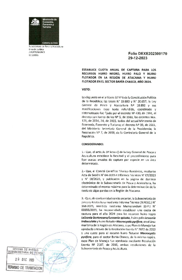 Dec. Ex. Folio 202300170 Establece Cuota Anual de Captura para los Recursos Huiro negro, Huiro palo y Huiro Flotador en la Región de Atacama y Huiro Flotador en el Sector Bahía Chasco, año 2024. (Publicado en Página Web 02-01-2024)