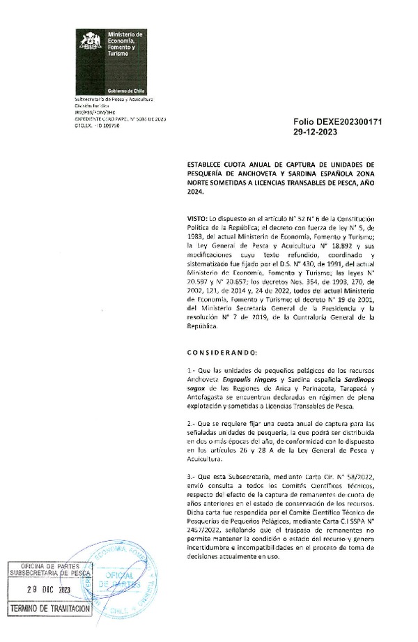 Dec. Ex. Folio 202300171 Establece Cuota de Captura de Unidades de Pesquería de Anchoveta y Sardina Española Zona Norte Sometidas a Licencias Transables de Pesca, Año 2024. (Publicado en Página Web 02-01-2024)