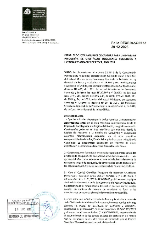 Dec. Ex. Folio 202300173 Establece Cuotas Anuales de Captura para Unidades de Pesquería de Crustáceos Demersales que Indica Sometidas a Licencias Transables de Pesca, Año 2024. (Publicado en Página Web 02-01-2024)