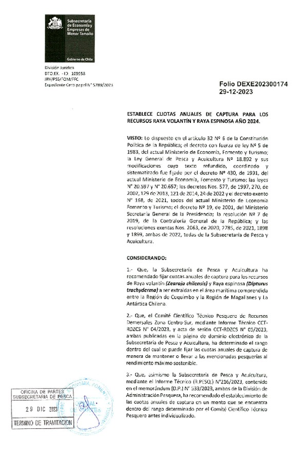 Dec. Ex. Folio N° 202300174 Establece Cuotas Anuales de Captura para los Recursos Raya Volantín y Raya Espinosa Año 2024. (Publicado en Página Web 02-01-2024)