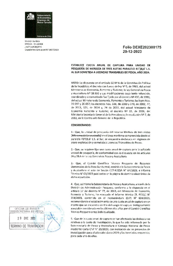 Dec. Ex. Folio 202300175 Establece Cuota Anual de Captura para Unidad de Pesquería de Merluza de Tres Aletas Paralelo 41°28,6' L.S. al Sur, Sometida a LTP, Año 2024. (Publicado en Página Web 02-01-2024)