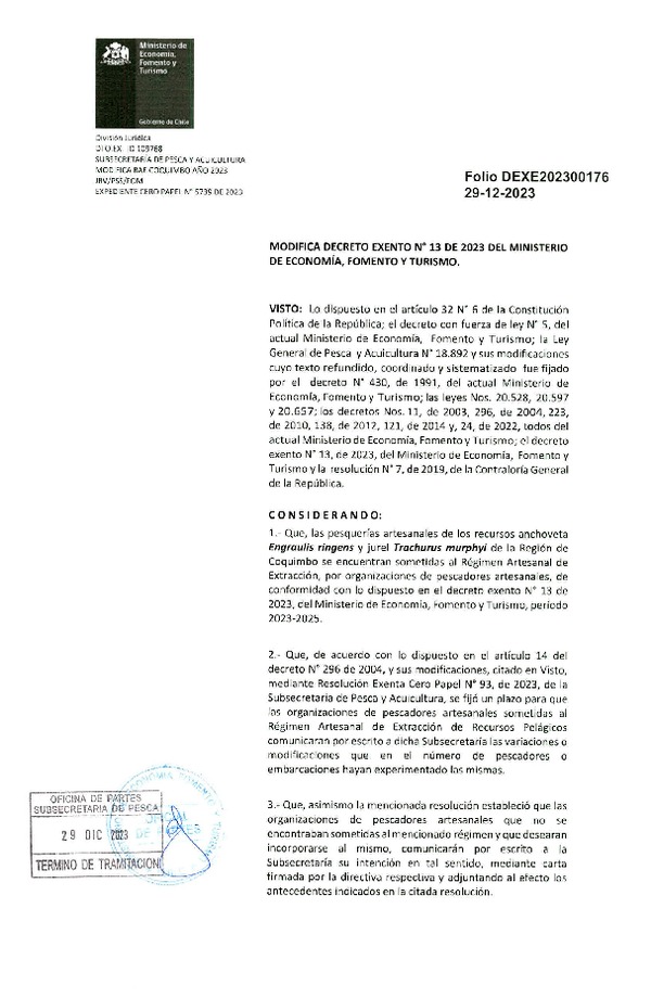 Dec. Ex. Folio 202300176 Modifica Dec. Ex. 202300013, Establece Régimen Artesanal de Extracción por organización para las Pesquerías Artesanales de Anchoveta y Jurel en la Región de Coquimbo. (Publicado en Página Web 02-01-2024).